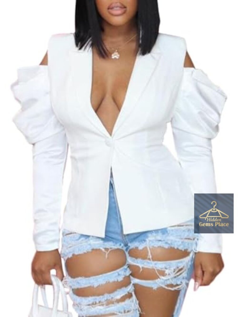 Women's Off Shoulder Puff Sleeve Blazer Open Front Work Jacket